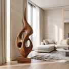 Tall Openwork Solid Wood Flame Sculpture with Plinth for Modern Living Rooms