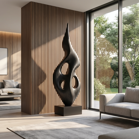 Tall Openwork Solid Wood Flame Sculpture with Plinth for Modern Living Rooms