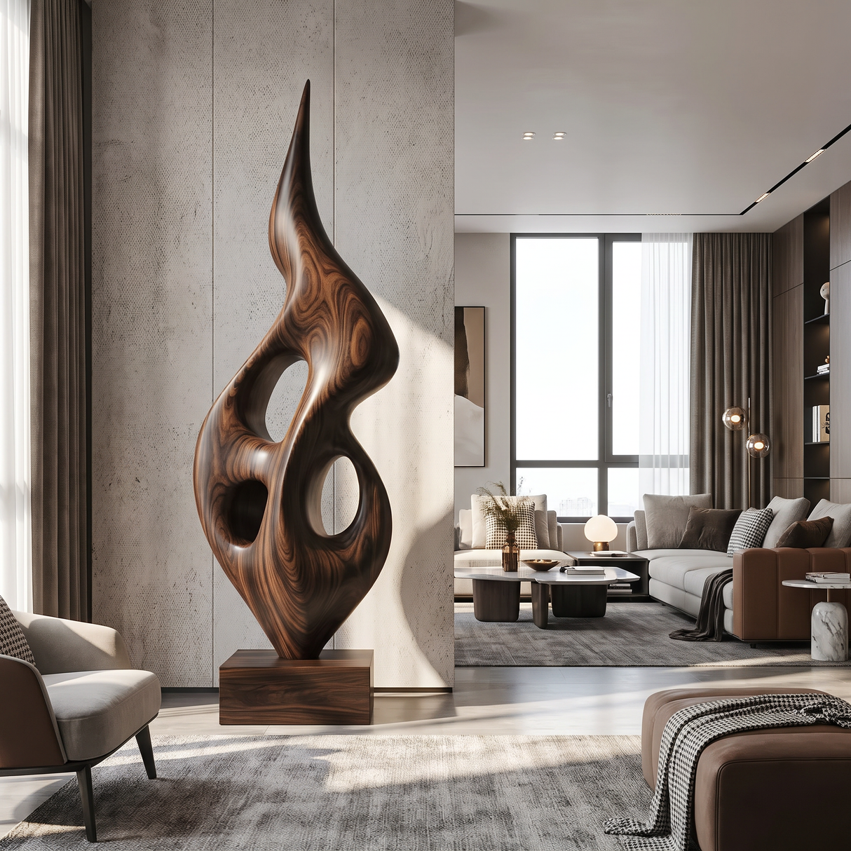 Tall Openwork Solid Wood Flame Sculpture with Plinth for Modern Living Rooms