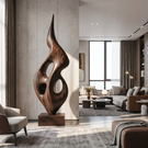 Tall Openwork Solid Wood Flame Sculpture with Plinth for Modern Living Rooms