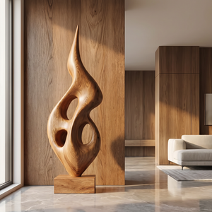 Tall Openwork Solid Wood Flame Sculpture with Plinth for Modern Living Rooms