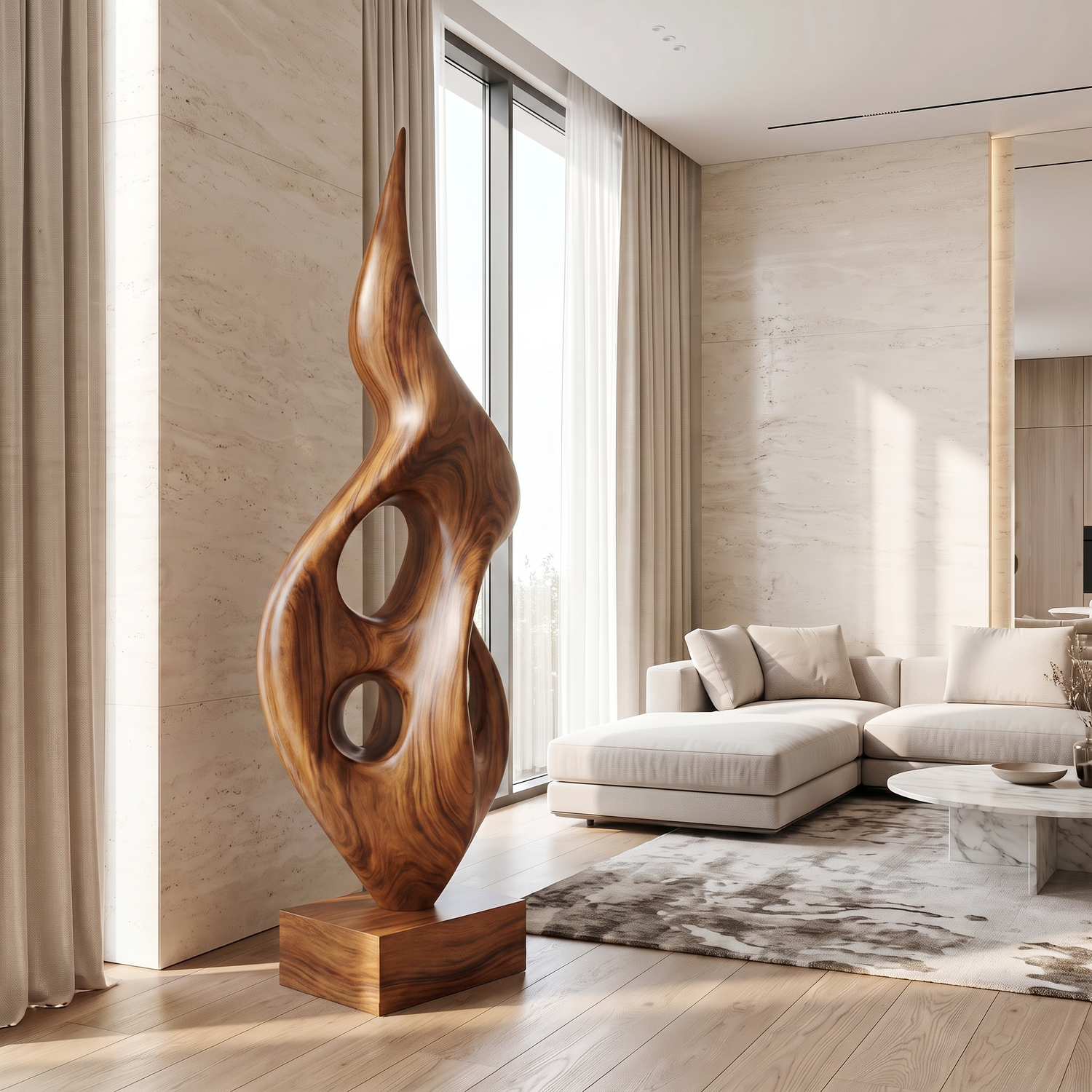 Tall Openwork Solid Wood Flame Sculpture with Plinth for Modern Living Rooms
