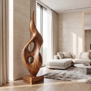 Tall Openwork Solid Wood Flame Sculpture with Plinth for Modern Living Rooms