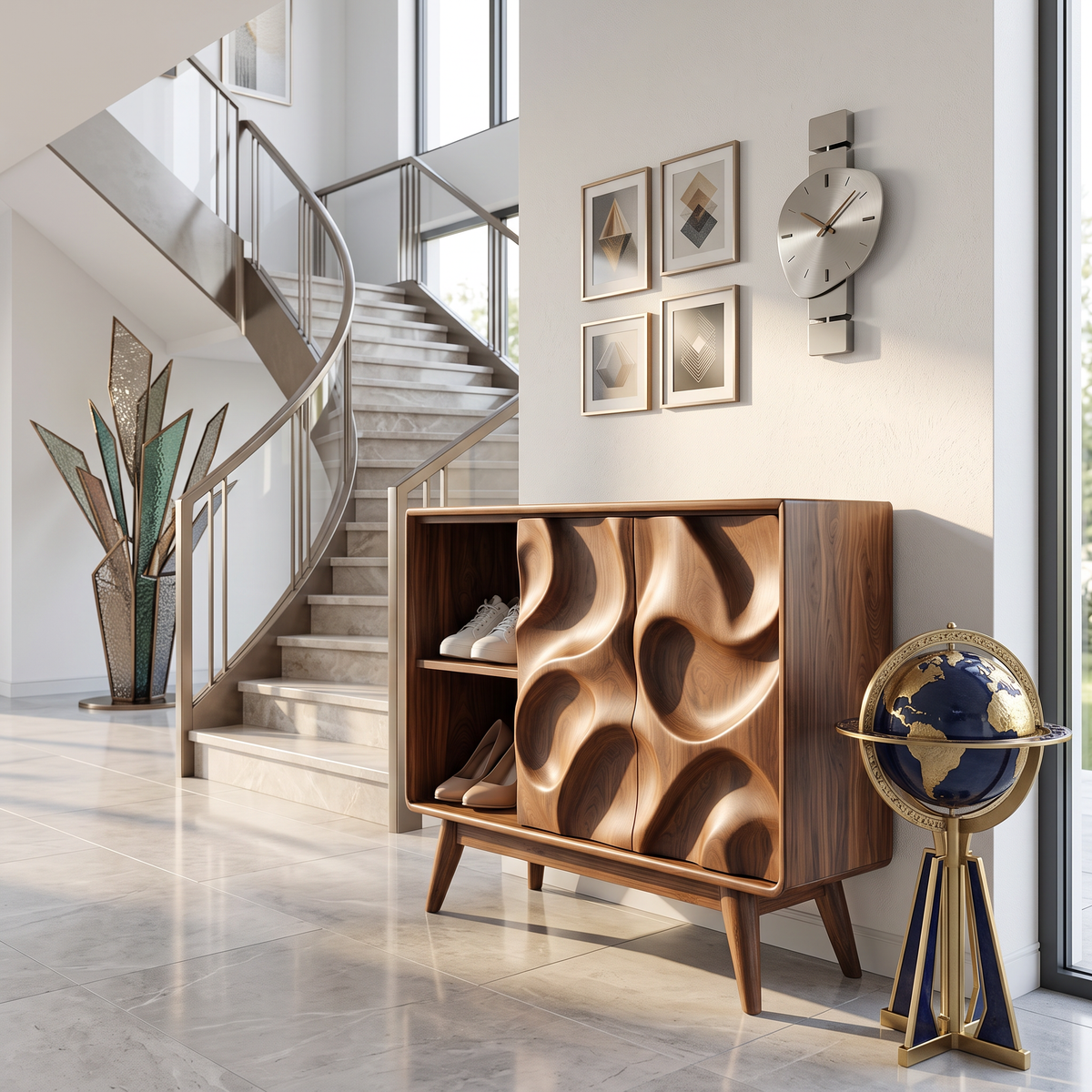 Handcrafted Solid Wood Shoe Cabinet with Sculptural Carved Doors and Open Side Shelves