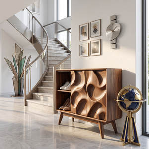 Handcrafted Solid Wood Shoe Cabinet with Sculptural Carved Doors and Open Side Shelves