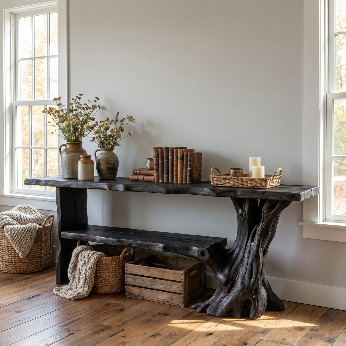 Solid Wood Console Table with Tree Form Shelf for Entryway Decor