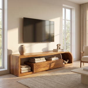Curved Wood TV Cabinet with Open Shelving, Rustic Modern Media Console for Mediterranean Living Rooms