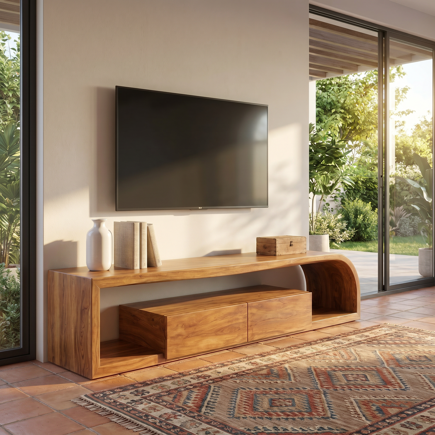 Curved Wood TV Cabinet with Open Shelving, Rustic Modern Media Console for Mediterranean Living Rooms