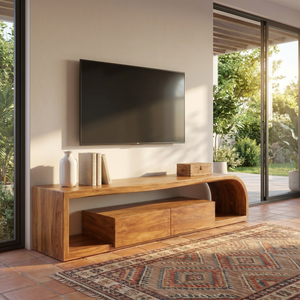 Curved Wood TV Cabinet with Open Shelving, Rustic Modern Media Console for Mediterranean Living Rooms