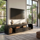 Curved Wood TV Cabinet with Open Shelving, Rustic Modern Media Console for Mediterranean Living Rooms