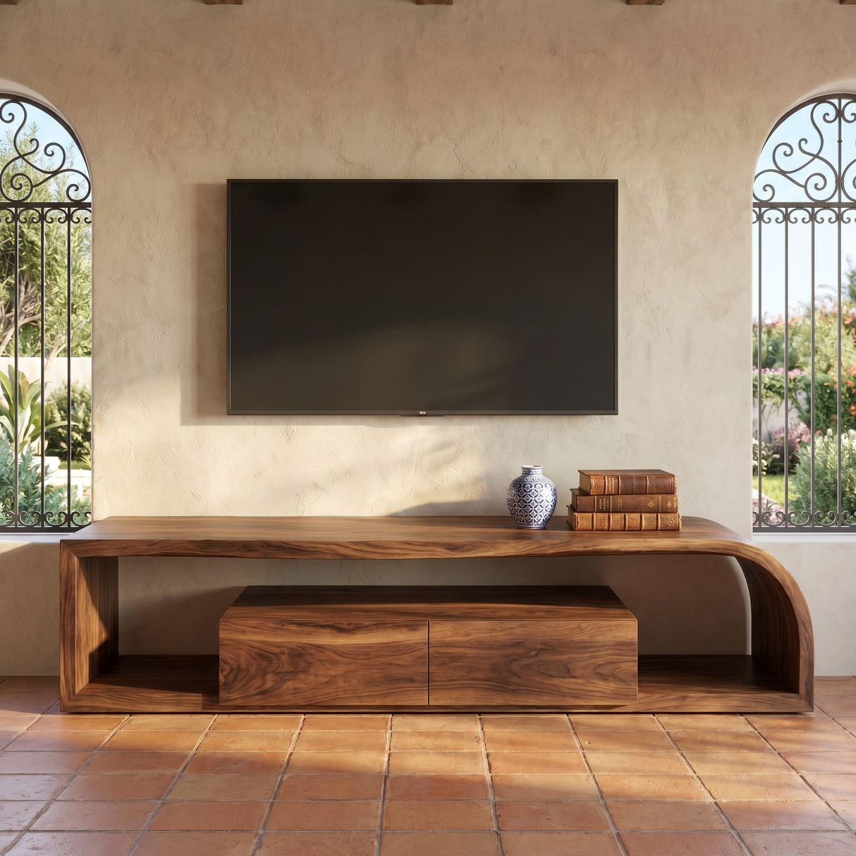 Curved Wood TV Cabinet with Open Shelving, Rustic Modern Media Console for Mediterranean Living Rooms