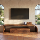 Curved Wood TV Cabinet with Open Shelving, Rustic Modern Media Console for Mediterranean Living Rooms