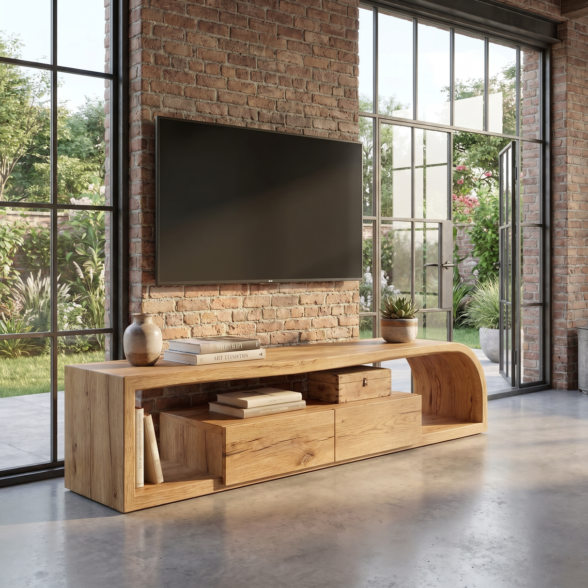 Curved Wood TV Cabinet with Open Shelving, Rustic Modern Media Console for Mediterranean Living Rooms