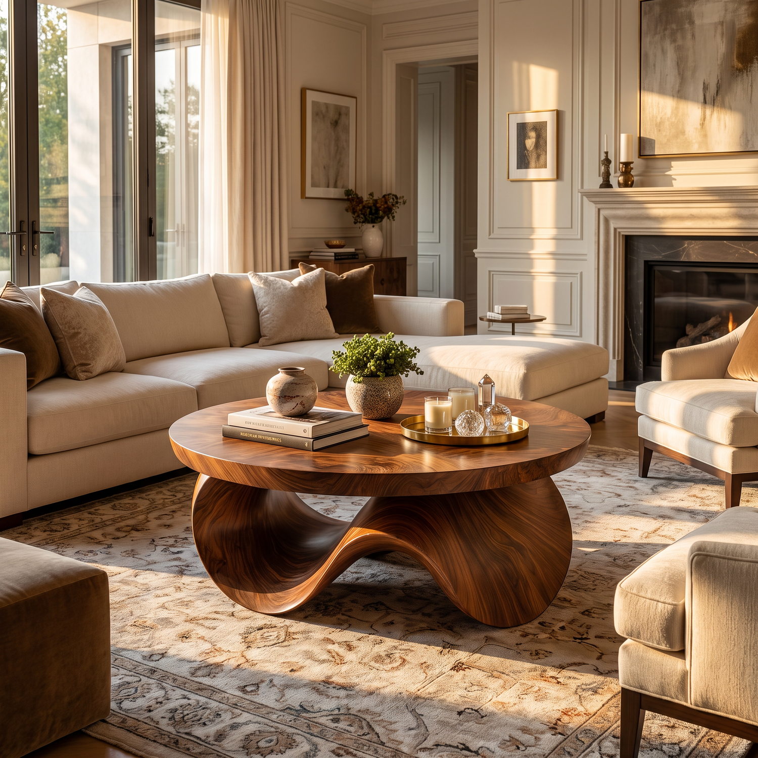 Coffee Table Solid Wood with Sculptural Wave Base for Living Room Decor