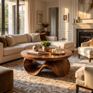 Coffee Table Solid Wood with Sculptural Wave Base for Living Room Decor