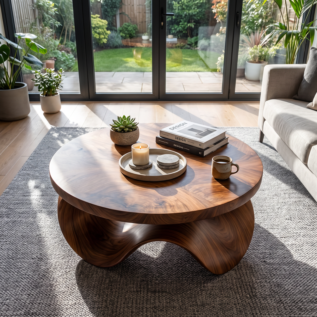 Coffee Table Solid Wood with Sculptural Wave Base for Living Room Decor