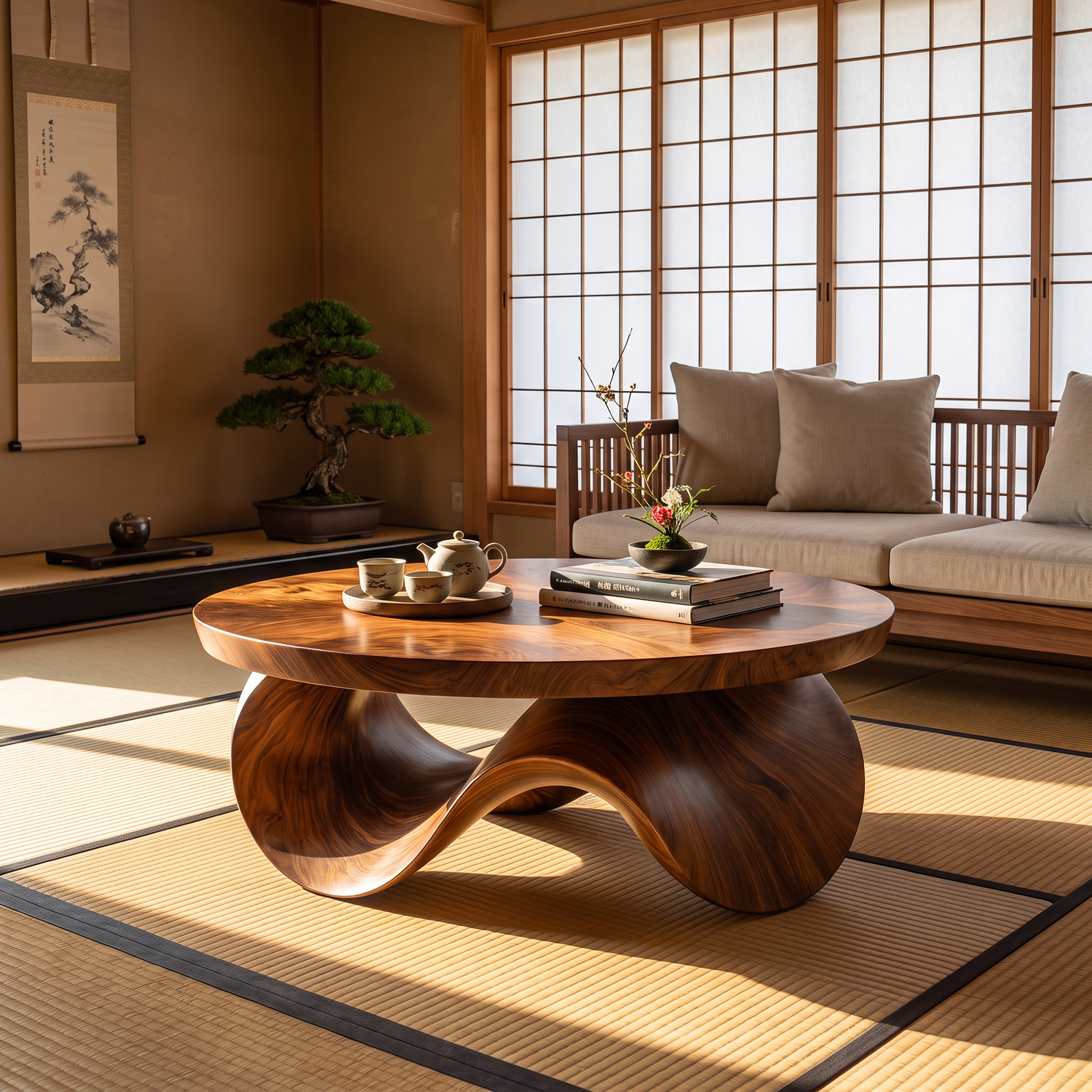 Coffee Table Solid Wood with Sculptural Wave Base for Living Room Decor