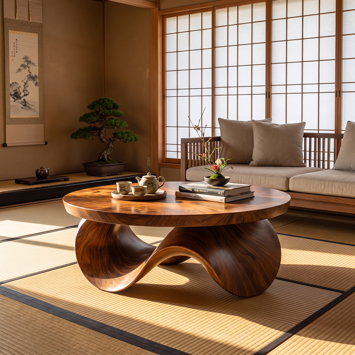 Coffee Table Solid Wood with Sculptural Wave Base for Living Room Decor