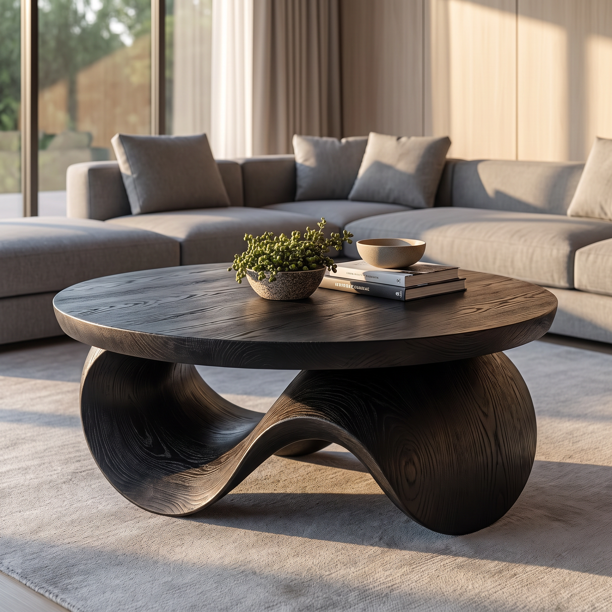 Coffee Table Solid Wood with Sculptural Wave Base for Living Room Decor