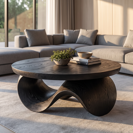 Coffee Table Solid Wood with Sculptural Wave Base for Living Room Decor
