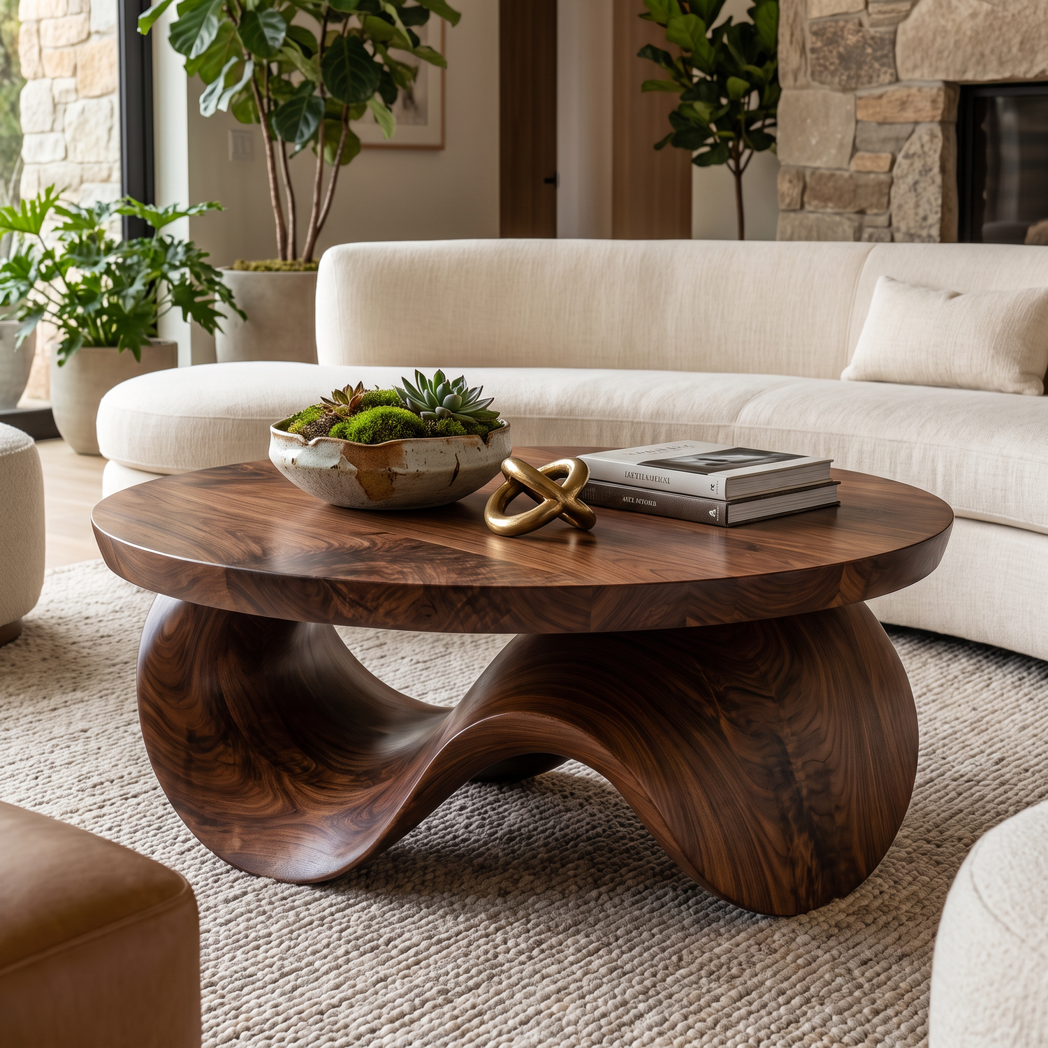 Coffee Table Solid Wood with Sculptural Wave Base for Living Room Decor