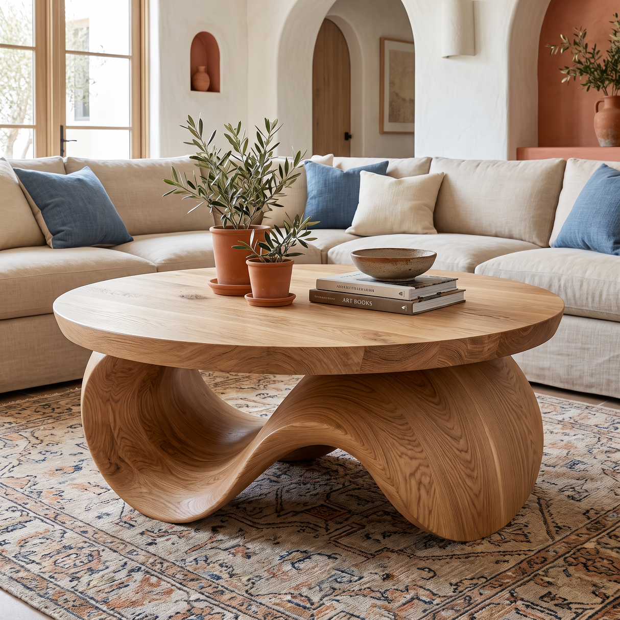 Coffee Table Solid Wood with Sculptural Wave Base for Living Room Decor