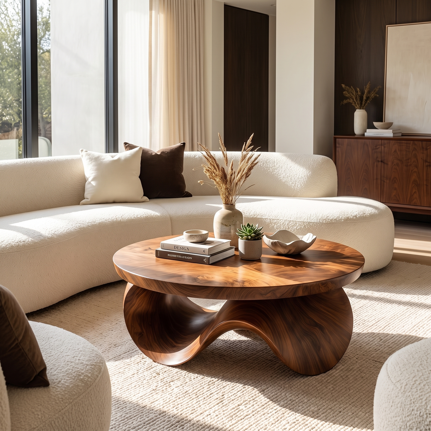 Coffee Table Solid Wood with Sculptural Wave Base for Living Room Decor