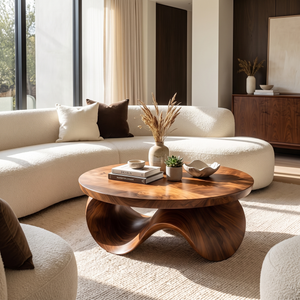 Coffee Table Solid Wood with Sculptural Wave Base for Living Room Decor