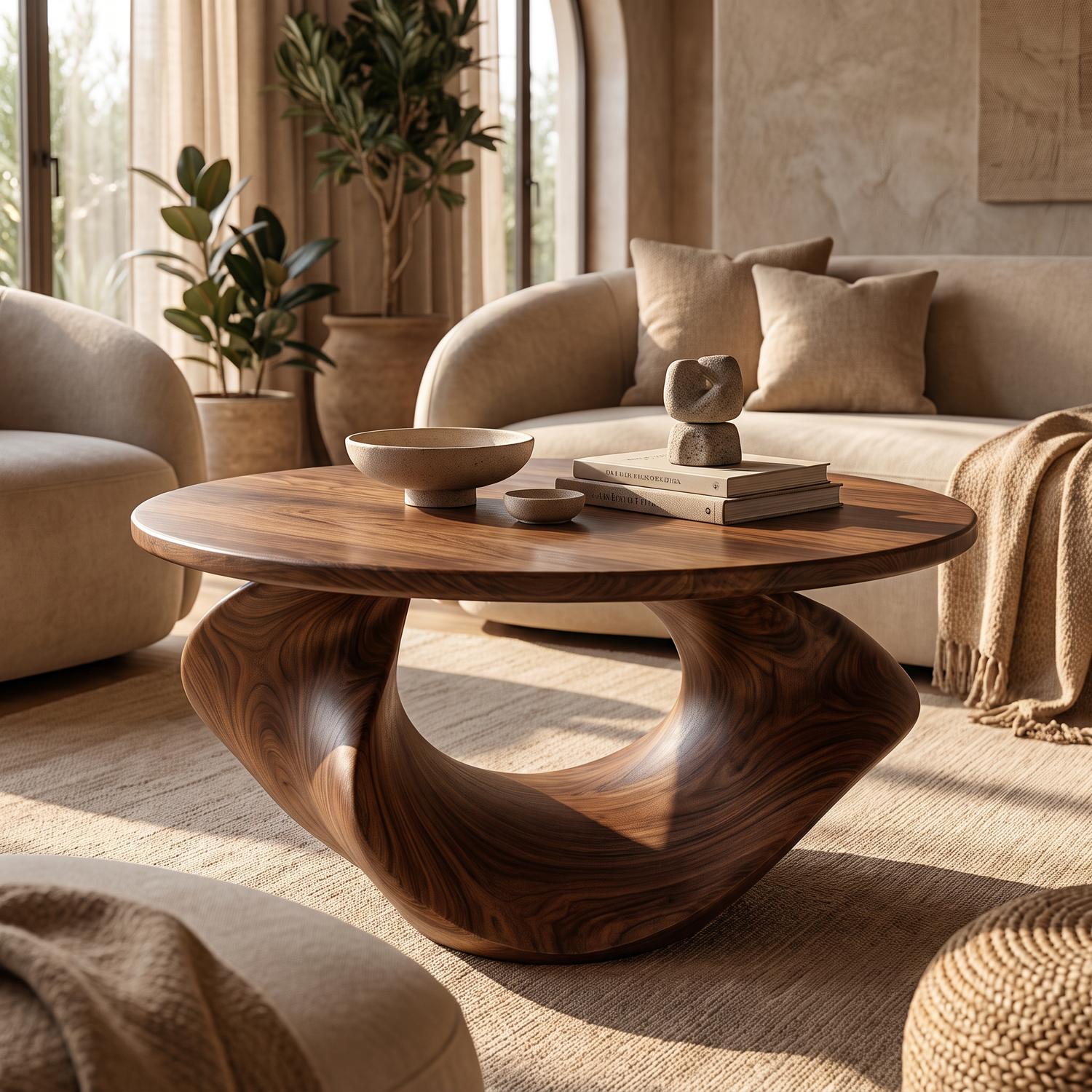 Coffee Table Solid Wood with Sculptural Open Loop Base
