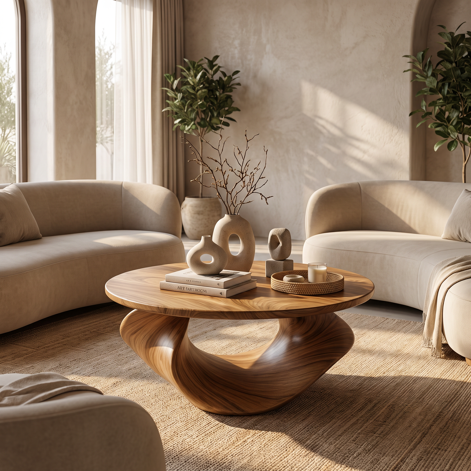 Coffee Table Solid Wood with Sculptural Open Loop Base