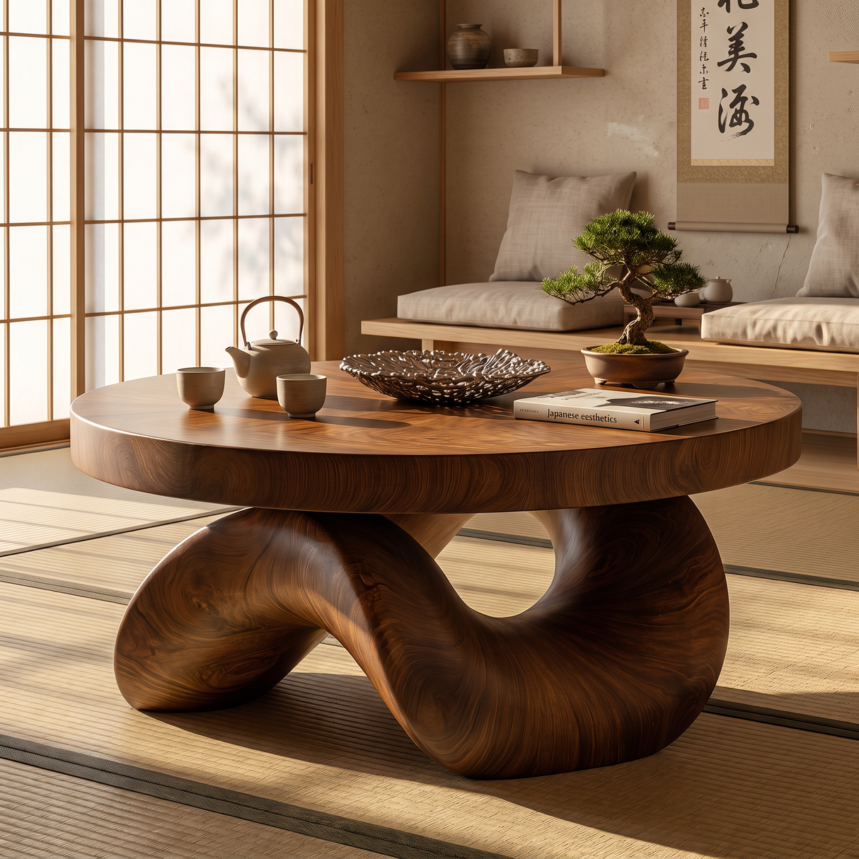Coffee Table Solid Wood with Sculptural Double Curve Base