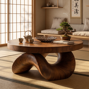 Coffee Table Solid Wood with Sculptural Double Curve Base