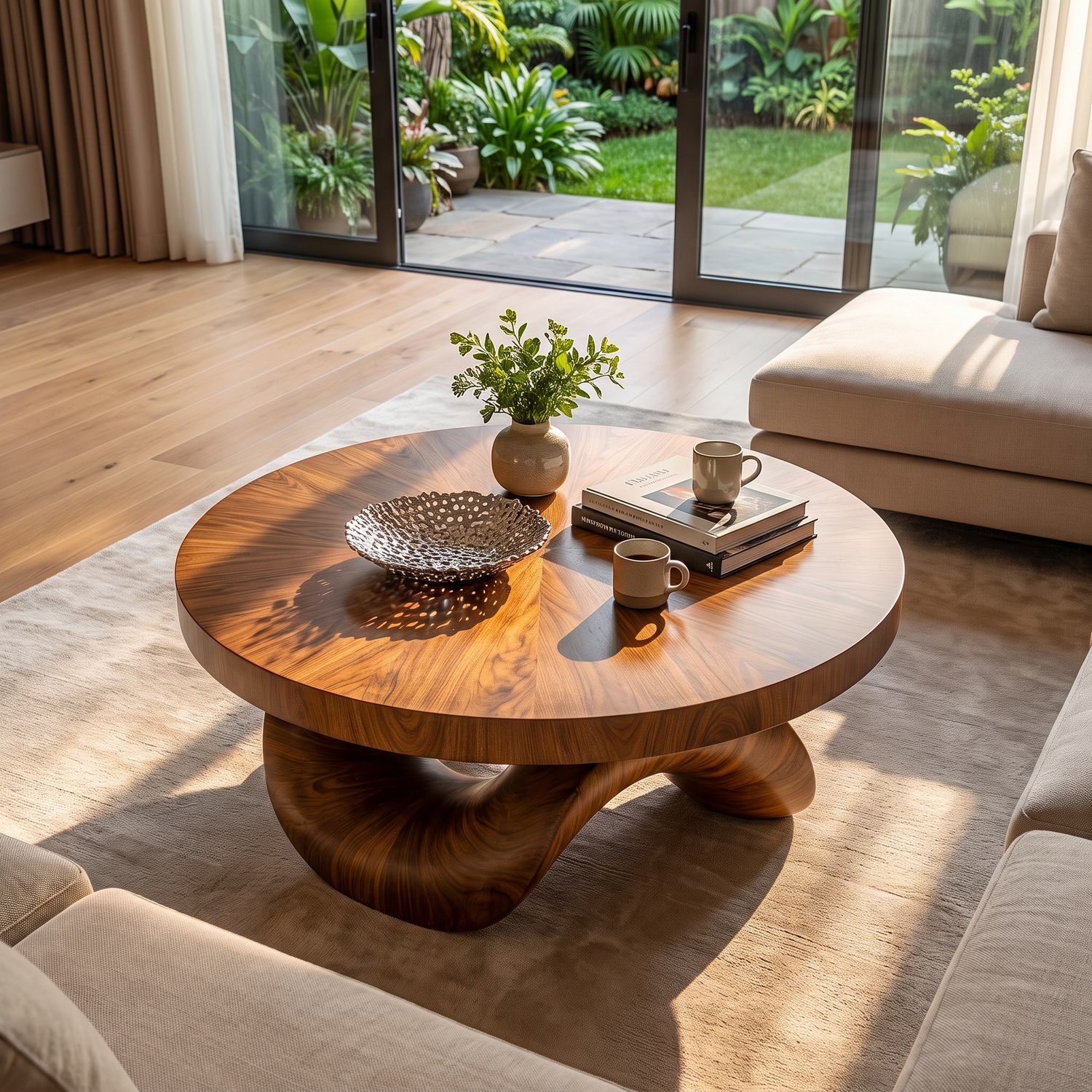 Coffee Table Solid Wood with Sculptural Double Curve Base