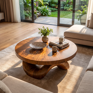 Coffee Table Solid Wood with Sculptural Double Curve Base