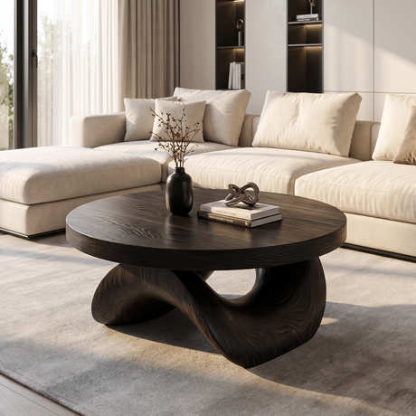 Coffee Table Solid Wood with Sculptural Double Curve Base