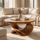 Coffee Table Solid Wood with Sculptural Crescent Base
