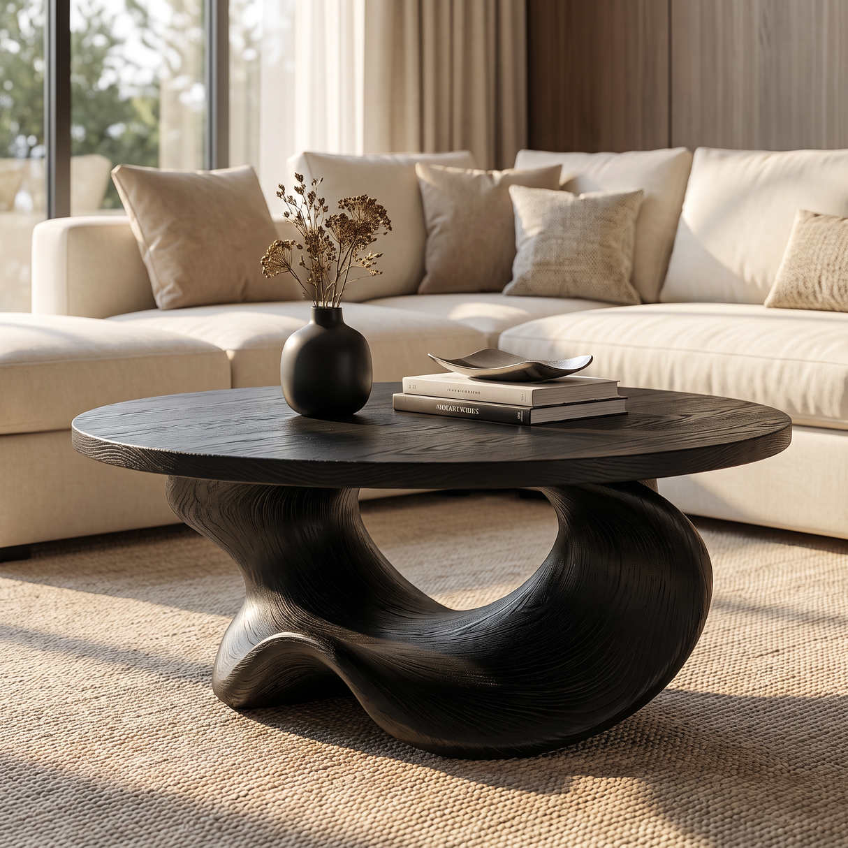 Coffee Table Solid Wood with Sculptural Crescent Base
