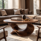Coffee Table Solid Wood with Sculptural Crescent Base