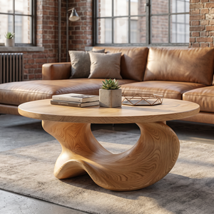 Coffee Table Solid Wood with Sculptural Crescent Base