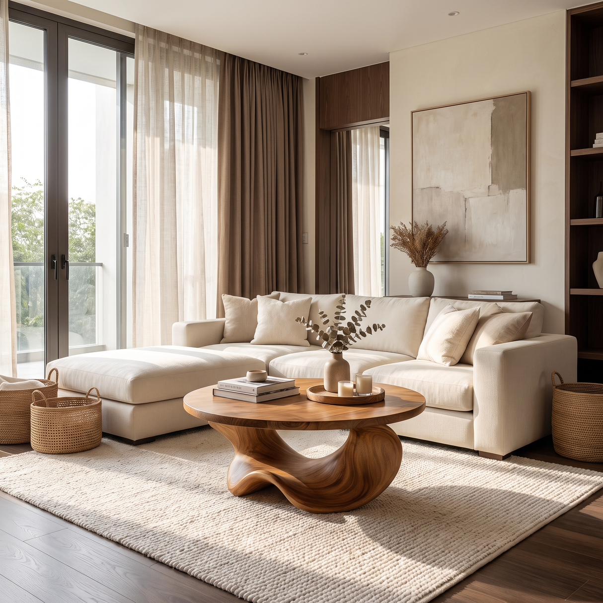 Coffee Table Solid Wood with Sculptural Crescent Base