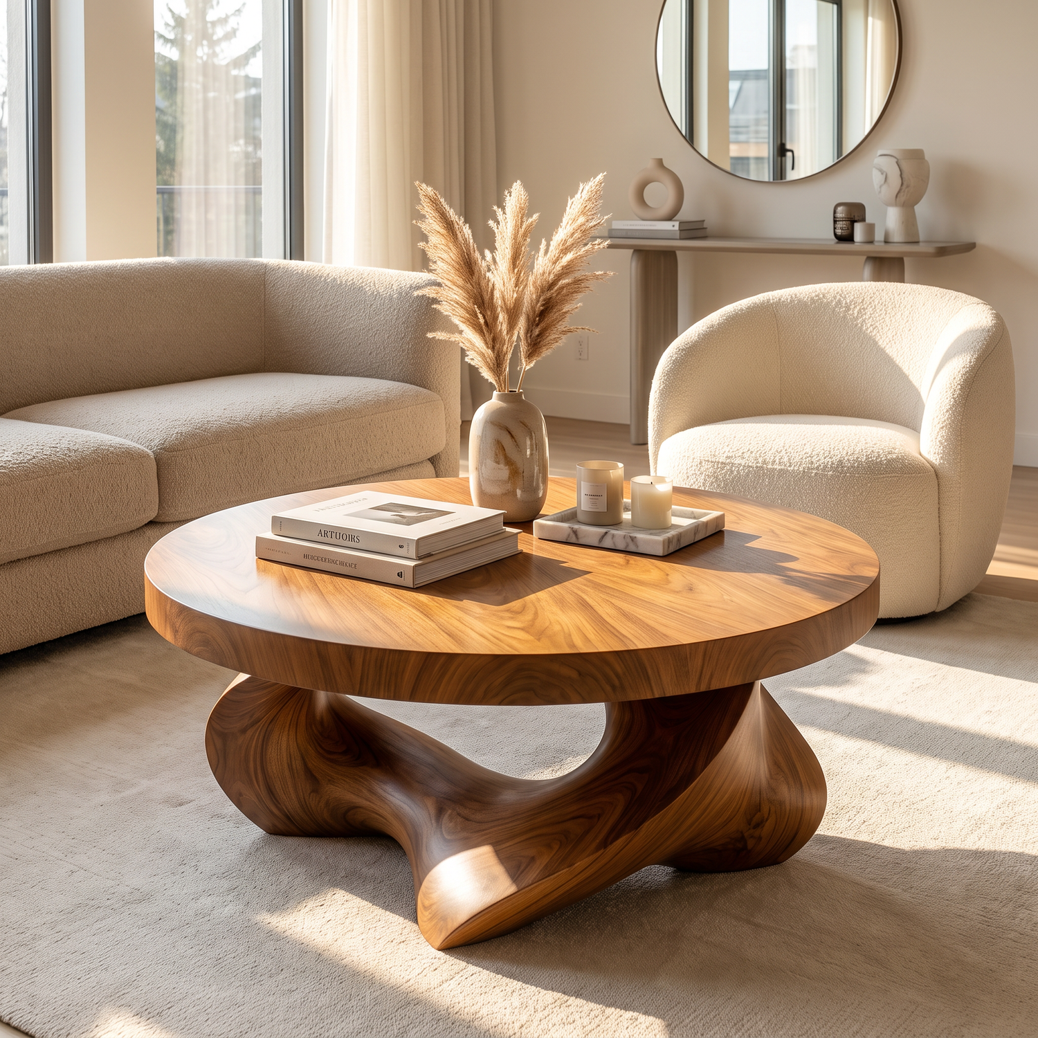 Coffee Table Solid Wood with Sculptural Open Triangular Base