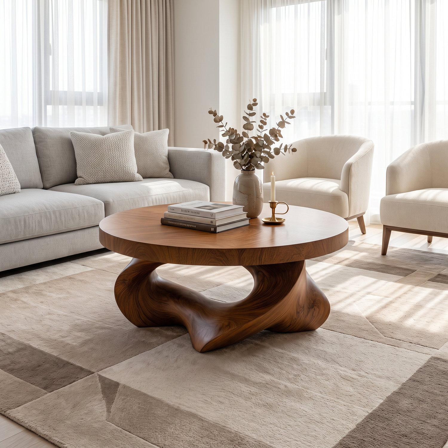 Coffee Table Solid Wood with Sculptural Open Triangular Base