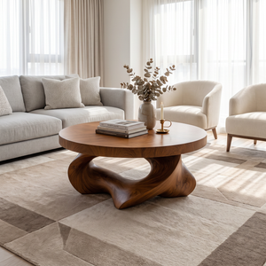 Coffee Table Solid Wood with Sculptural Open Triangular Base