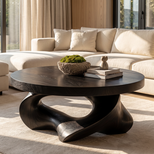 Coffee Table Solid Wood with Sculptural Open Triangular Base