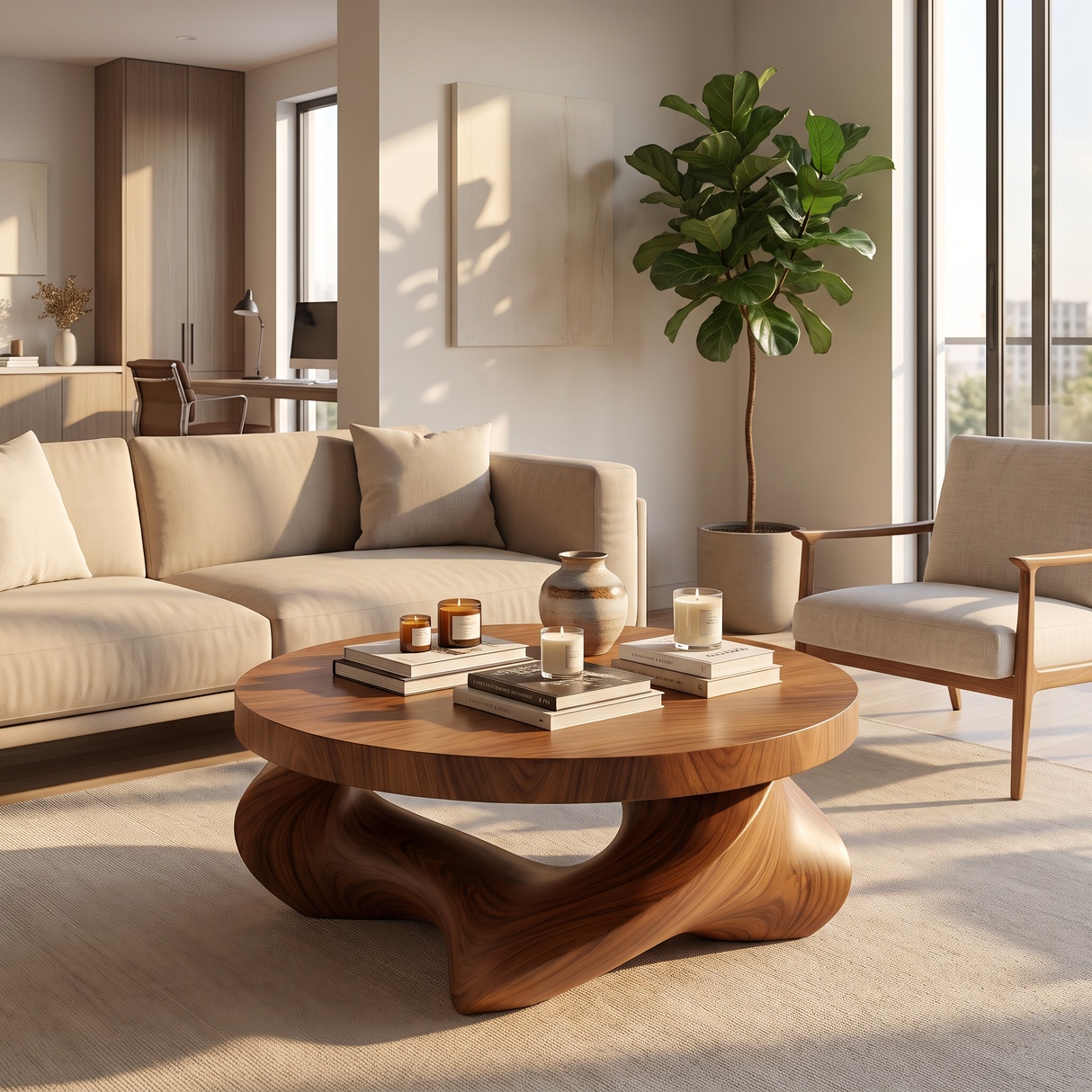 Coffee Table Solid Wood with Sculptural Open Triangular Base