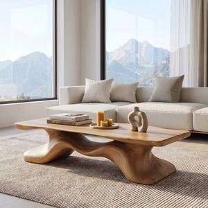 Coffee Table Solid Wood with Sculptural Flowing Bridge Base
