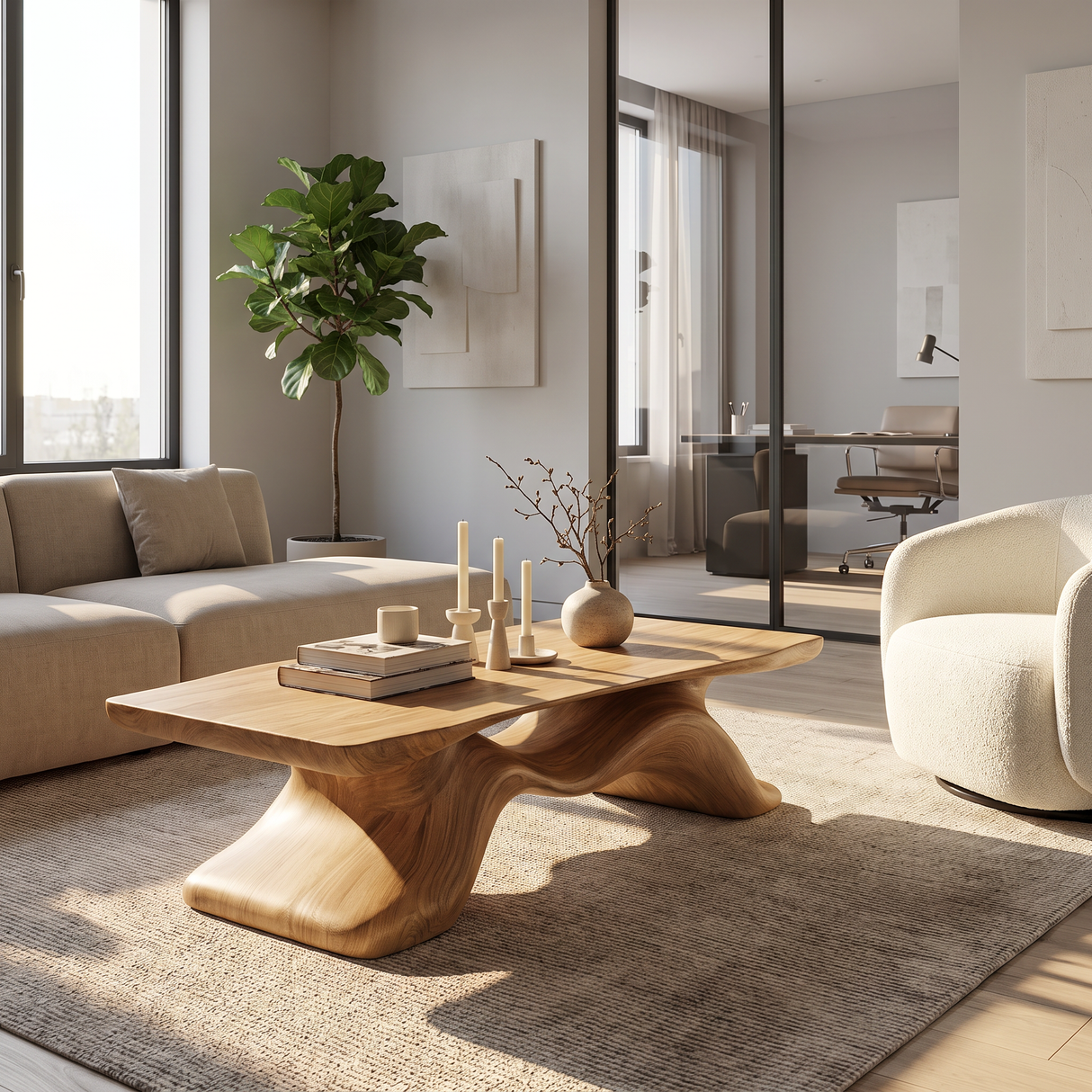 Coffee Table Solid Wood with Sculptural Flowing Bridge Base