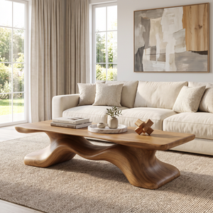 Coffee Table Solid Wood with Sculptural Flowing Bridge Base