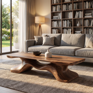 Coffee Table Solid Wood with Sculptural Flowing Bridge Base