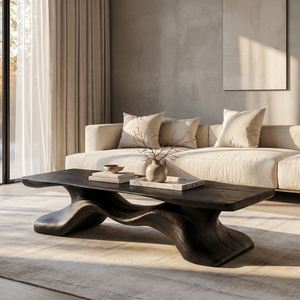 Coffee Table Solid Wood with Sculptural Flowing Bridge Base